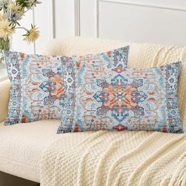 Imagem de ZSYTZL Conjunto de 2 capas de almofada Boho 30,5 x 50,8 cm, estampa de tapete boêmio de linho, decorativo, sala de estar, sofá-cama, capa de almofada quadrada - azul laranja