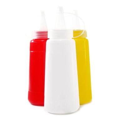 Imagem de Kit com 03 Bisnagas de Plástico Vermelha Branca e Amarela para Ketchup Maionese e Mostarda PREMIUM, 200ml, 16,5cm, Felix Magazine