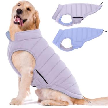 Imagem de Lelepet Jaqueta acolchoada reversível para cães quentes, à prova de vento, leve, para clima frio, casaco de cachorro com gancho e laço para cães grandes, não cai, fácil de colocar/tirar, roxo, GG