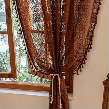 Imagem de Cortinas marrom chocolate com borla para quarto, sala de estar, boho, crochê, padrão de doily, cortinas transparentes de renda 153 cm de comprimento, 2 painéis de cortina de janela de janela de janela