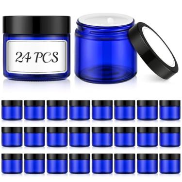 Imagem de Bumobum Frascos pequenos de vidro de 59 ml com tampas, pacote com 24 frascos de cosméticos de vidro azul com forro interno, recipientes redondos vazios de 60 ml para armazenamento de creme, pomada