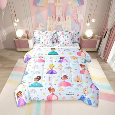 Imagem de Erosebridal Jogo de edredom infantil casal de princesa mágica, castelo azul bebê, macio, para sofá-cama, desenho kawaii, princesa kawaii, para meninas, lençol com elástico fofo