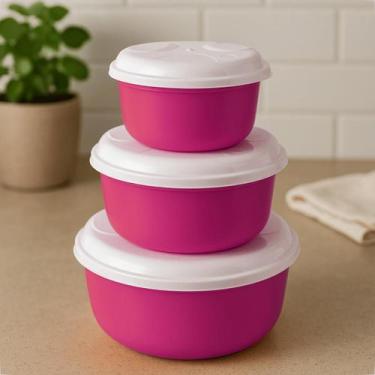 Imagem de Kit 3 Potes Plástico Redondos P M G Com Tampa Branca Trio Cozinha Orga