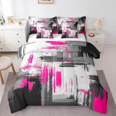 Imagem de Conjunto de cama King com 7 peças, rosa choque, cinza, abstrato, inclui edredom, conjunto de lençol, fronhas e fronhas, decoração de quarto, arte listrada moderna, conjunto de edredom geométrico