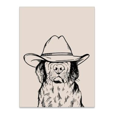 Imagem de ZERFVTG Arte de parede de cachorro ocidental preto e branco chapéu de cowboy vintage pôster moderno minimalista legal impressões em tela para decoração de parede de sala de estar country 30,5 x 40,6