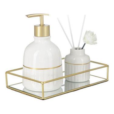 Imagem de Kit Lavabo Banheiro Bandeja Espelhada Difusor Dispenser Luxo - PGB