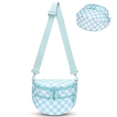 Imagem de FODOKO Bolsa transversal quadriculada preta e branca para mulheres, pochete quadriculada, carteiras, bolsa de cinto pequena e despojada, Azul gelo, Bolsa tiracolo quadriculada