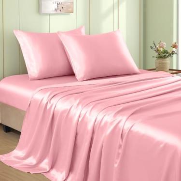 Imagem de VACVELT Jogo de cama queen size de cetim rosa, 4 peças, bolso profundo de 38 cm, cetim macio, refrescante e luxuoso, 1 lençol com elástico + 1 lençol de cima + 2 fronhas