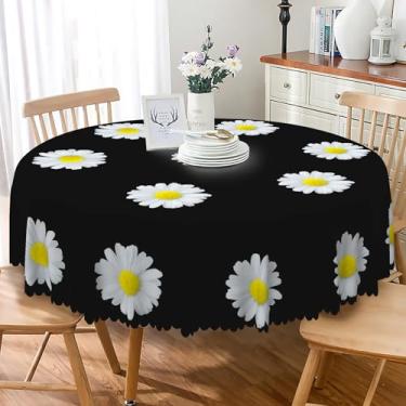 Imagem de SIEDYCV Toalha de mesa de margarida branca para mesa redonda 177 cm, tecido de margarida branca, poliéster, impermeável, reutilizável, capa de mesa preta para jardim, fazenda, piquenique, festa