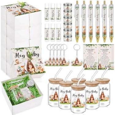 Imagem de Hoolerry 6 conjuntos de 72 peças prêmios de chá de bebê para brindes de jogo incluem copos de vidro, vencedores de chá de bebê, caixa de presente, batom, caneta, vela, chaveiro, convidados, presente