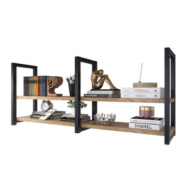 Imagem de Prateleira de Parede Industrial, 3 Níveis, Estrutura em Metal Preto e Madeira, para Escritório e Decoração