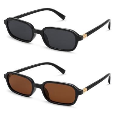 Imagem de GIGIMOTTE Óculos de sol retangulares retrô para mulheres, pequeno, estilo anos 90, vintage, moderno, estreito, retangular, armação preta, Pacote com 2 - preto/marrom, P