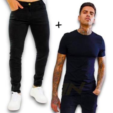 Imagem de Kit Calça Jeans Skinny Slim + Camiseta Manga Curta Algodão Masculina 4