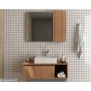 Imagem de Conjunto de Banheiro Balcão Suspenso BN3601 s/ Cuba 80cm e Armário c/ Espelho BN3602 Amêndoa - Tecno Mobili