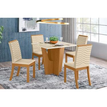 Imagem de Sala de Jantar Completa Vértice Tampo Madeirado c/ Vidro 90x90cm e 4 Cadeiras Isa Nature/Linho - Henn