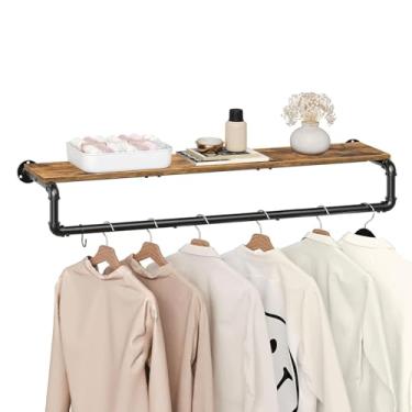 Imagem de Rack de roupas industriais montado na parede com prateleira superior marrom rústica Rack de roupas destacável resistente Racks de roupas