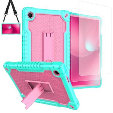 Imagem de Doemoil Capa para T-Mobile Revvl Tab 2 lançado em 2025 de 10,1 polegadas, híbrida, à prova de choque, capa rígida, alça de ombro com suporte embutido (verde/rosa + 2 peças de vidro)