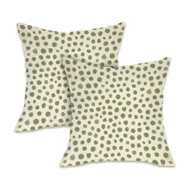 Imagem de Fahrendom Conjunto de 2 capas de almofada decorativas verdes, 45,7 x 45,7 cm, estampa de bolinhas, varanda e pátio, capa de almofada boêmia para sofá de fazenda, decoração de casa