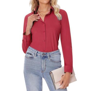 Imagem de Camisas de botão Siliteelon para mulheres vermelhas GG