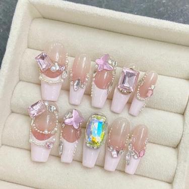 Imagem de Wsliana Unhas feitas à mão em forma de caixão médio design de ponta francesa detalhes de strass branco e rosa 10 peças de cola em unhas postiças de acrílico com caixa de armazenamento kit de unhas