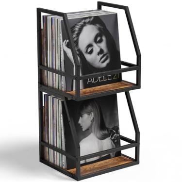 Imagem de Y&M Caixa de armazenamento de discos de vinil 2 em 1, pacote com 2 suportes LP de madeira, suporte de parede ou organizador de álbum de metal de mesa, comporta mais de 80 discos, prateleira de