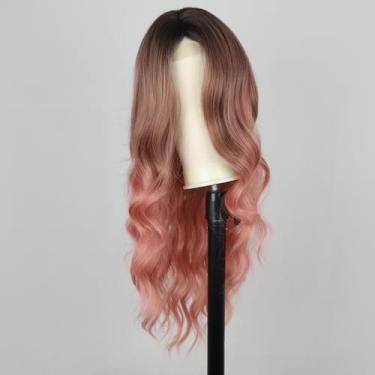 Imagem de Peruca ondulada rosa ombré para mulheres 66 cm de comprimento rosa encaracolado ondulado peruca natural parte do meio perucas sintéticas resistentes ao calor para uso diário em festas