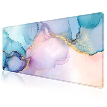 Imagem de Tapete de mouse grande de mármore com textura dourada rosa, tapete de mesa, teclado de computador, base de borracha antiderrapante, à prova d'água, com bordas costuradas para jogos de laptop