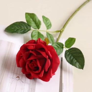 Imagem de 5 peças de flores artificiais de toque real, buquê de noiva, decoração de casamento, rosas falsas, festa, evento, decoração de casa (rosa vermelha)