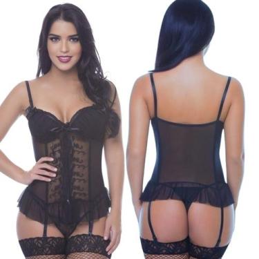 Imagem de Espartilho Preto Bordado Em Tule e Renda Com Bojo Completo Lingerie Se