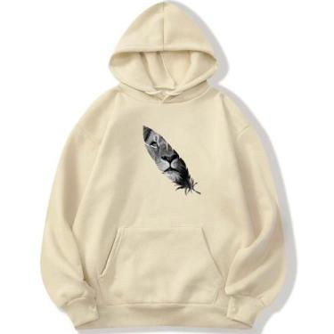 Imagem de Blusa Moletom Leão Pena Algodão Masculino e Feminino Canguru Flanelado