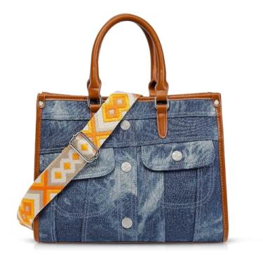 Imagem de QTKJ Sacola jeans feminina, bolsa de ombro de patchwork, com alça de ombro ajustável, bolsa vintage para mulheres, férias, viagem, combinação diária, Azul, One Size