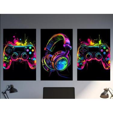 Imagem de Quadros Video Game Quarto Geek Nerd Gameplay 3 Peças 28x40cm - CAMALEÃ