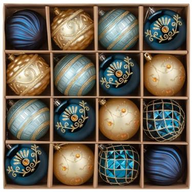Imagem de Conjunto de enfeites de bola de Natal de 8 cm, 16 peças de enfeites de árvore azul e dourada, grandes bolas decorativas penduradas à prova de estilhaçamento com laço para festa, guirlanda de férias de