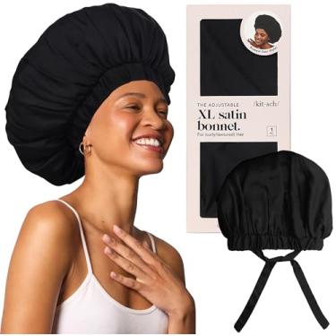 Imagem de Kitsch Touca de cetim GG para dormir - capota de cabelo de seda de cetim jumbo para mulheres | Melhor proteção e conforto do sono | Envoltório de cabelo acetinado macio e sedoso, Preto, One