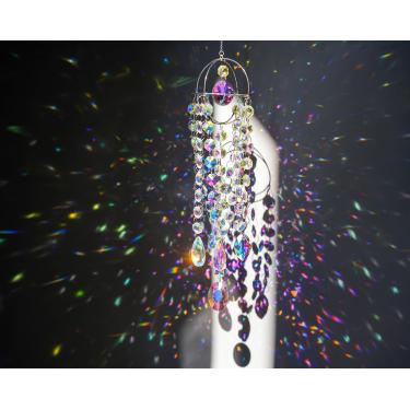 Imagem de YUFENG Captador de sol de cristal, enfeite de prisma arco-íris para pendurar, 53 cm de comprimento, refletor de luz decorativo para janela, jardim, casa