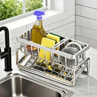 Imagem de Rack de armazenamento para pia de cozinha – Organizador de esponja de pia de aço inoxidável dividido, suporte de dispensador de sabão de bancada, acessório de cozinha à prova de ferrugem