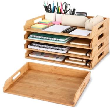 Imagem de AceOrbit 4 peças de bandeja de papel empilhável de madeira de bambu, bandeja de cartas, organizador de arquivos de madeira de 4 camadas, prateleira de mesa para documentos, classificadores de cartas