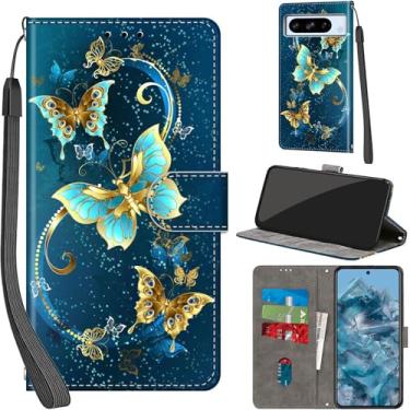 Imagem de Capa carteira para Google Pixel 8 Pro, com [3 compartimentos para cartão], fecho magnético com suporte, capa protetora flip de couro PU à prova de choque 17.0 cm 2023, borboleta verde dourada
