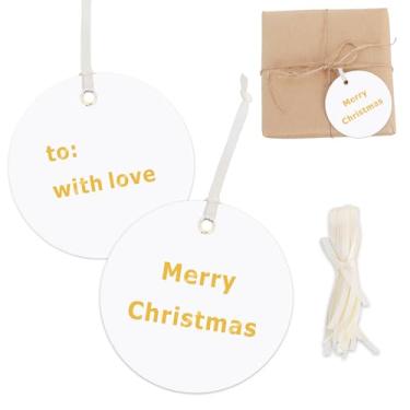 Imagem de BEISHIDA Etiquetas de papel para presente de Feliz Natal, etiquetas brancas redondas com fita de cetim, 6,3 x 6,3 cm, etiquetas de nome de folha dourada de Natal para sacolas de presente e embalagem