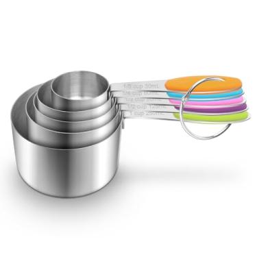 Imagem de Copos medidores de aço inoxidável, conjunto de 5 peças de copos medidores com marcações e anel de fácil leitura, colheres de metal para ingredientes líquidos secos, colheres medidoras empilháveis para