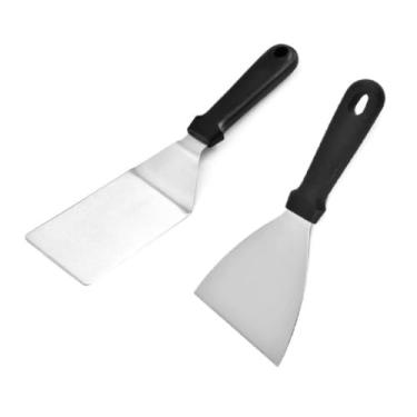 Imagem de Kit Espátula Profissional de Aço Inox, 2 Peças, Reta e Curva, 25.5cm e 23.5cm, Cabo Preto, para Churrasco, Hambúrguer e Cozinha