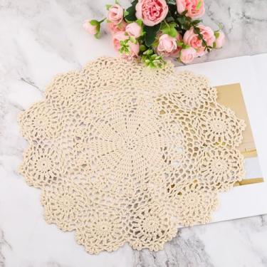Imagem de Jogo americano vintage de renda - Toalha de mesa grande de crochê de 48 cm - Sobreposição de mesa redonda bordada à mão para jantar, festa de chá, decoração de casamento, móveis e decoração de casa