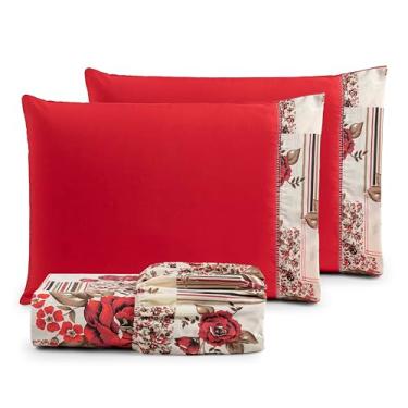 Imagem de Jogo de Lençol Casal Padrão 3 Peças Percal 180 Fios 90% Algodão com Elástico em Toda a Volta e Acabamento Refinado – Conforto, Durabilidade e Estilo (FLORAL VERMELHO)