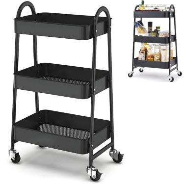 Imagem de Prateleira De Metal Multiuso 3 Andares Com Rodinhas - Organização e Praticidade preto
