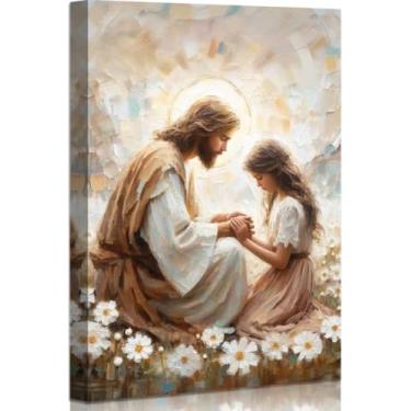 Imagem de Arte de parede Jesus e menina Jesus Cristão Arte de parede em tela emoldurada grande arte cristã decoração de parede pintura de Jesus para quarto sala de estar escritório 30 x 45 cm