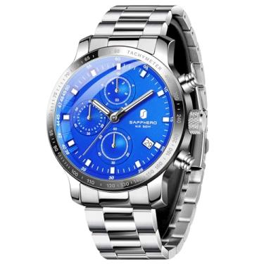 Imagem de SAPPHERO Relógios masculinos cronógrafos, analógicos, quartzo, à prova d'água, 50 m, ponteiros luminosos, data, relógio de pulso casual para negócios, design clássico, presente elegante, Prateado -