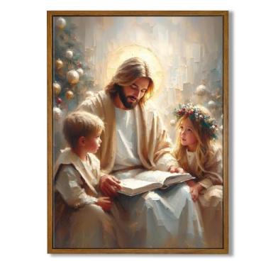 Imagem de Arte de parede cristã emoldurada 12 × 16 polegadas Jesus e meninos meninas arte de parede decoração de arte em tela Jesus pintura imagens para parede religiosa cristã decoração de parede