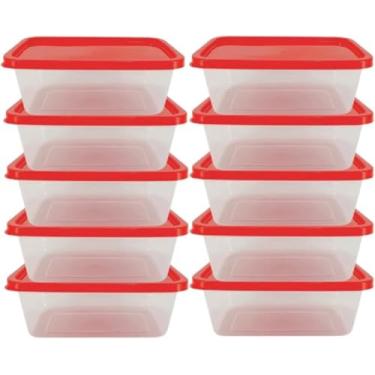 Imagem de Kit 10 Potes Plásticos com Tampa Vermelha, 500ml, Transparente, Livre de BPA, para Freezer e Microondas, Marmitas Fitness