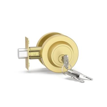 Imagem de Asidrama Fechadura dourada escovada, porta de entrada frontal com chave externa redonda, segurança de porta externa, conjunto de fechadura de porta com chaves, parafuso morto de quarto de cilindro