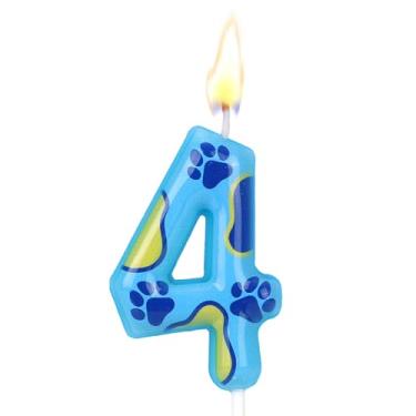 Imagem de Vela Aniversário com Tema Pata de Cão Azul, Fofa Estampado Pata Cão Vela com Número para Bolo Aniversário Decoração Topo Bolo para Menino e Menina (Número 4)
